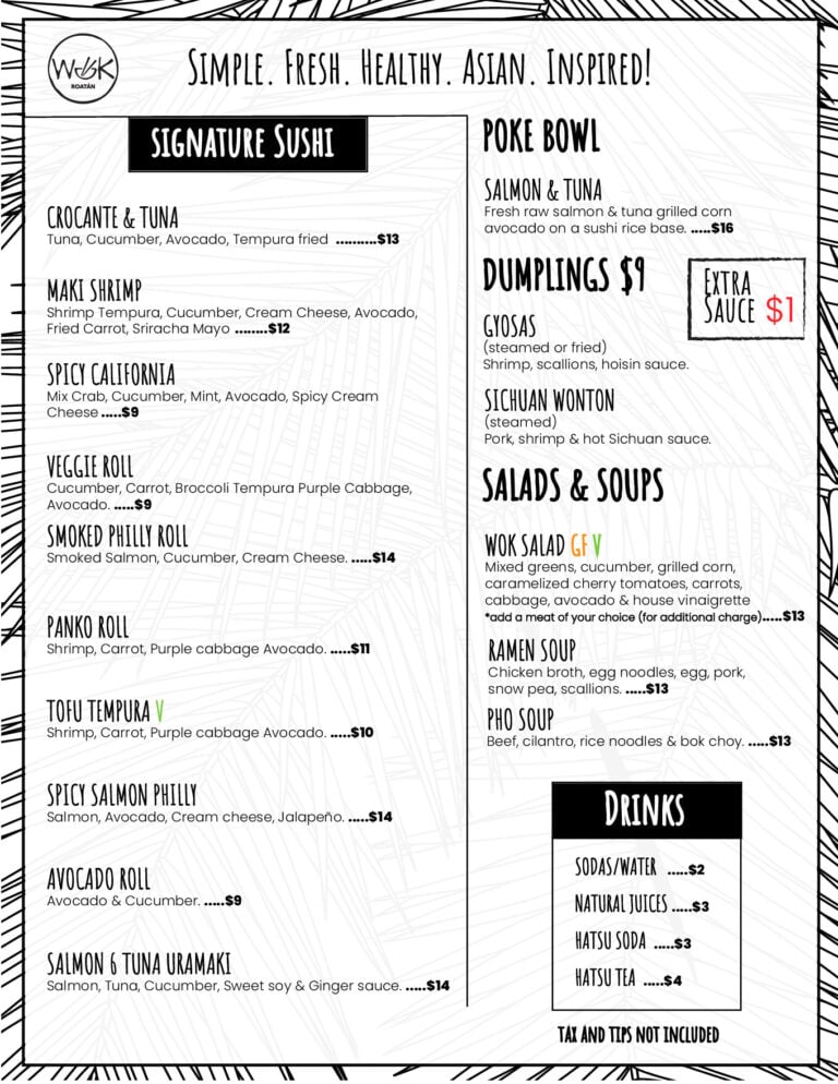 A menu from a restaurant in Roatan, Honduras, featuring a variety of Asian-inspired sushi and poke bowls with prices listed in US dollars.