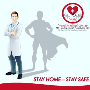 A digital illustration for a business listing on RoatanYP.com showing a smiling male doctor in a white coat with a stethoscope, standing with arms crossed, alongside a shadowy figure on horseback, with a health-themed logo featuring a heart, cross, and palm trees, promoting health and safety in Roatan, Honduras.