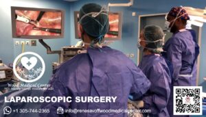 A team of surgeons performing laparoscopic surgery at Wood Medical Center in Roatan, Honduras, with medical monitors and surgical equipment in a bright blue operating room.