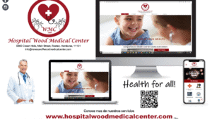 A promotional image for Hospital Wood Medical Center in Roatan, Honduras, displaying their website on multiple devices, a smiling doctor in a white coat, and the hospital's logo featuring a red heart with a white cross, set against a white background with the slogan "Health for all.