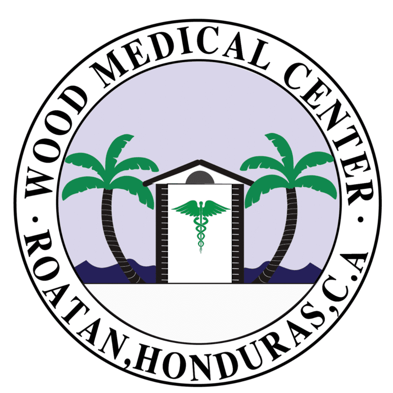 The logo features a medical center in Roatan, Honduras, with a central building flanked by two palm trees, a caduceus symbol on its facade, and a background of mountain silhouettes under a light purple sky.