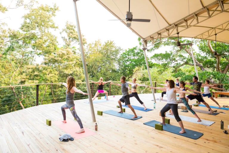 A group of people practicing yoga on mats under a large canopy with ceiling fans on a wooden deck surrounded by lush green trees in Roatan, Honduras.