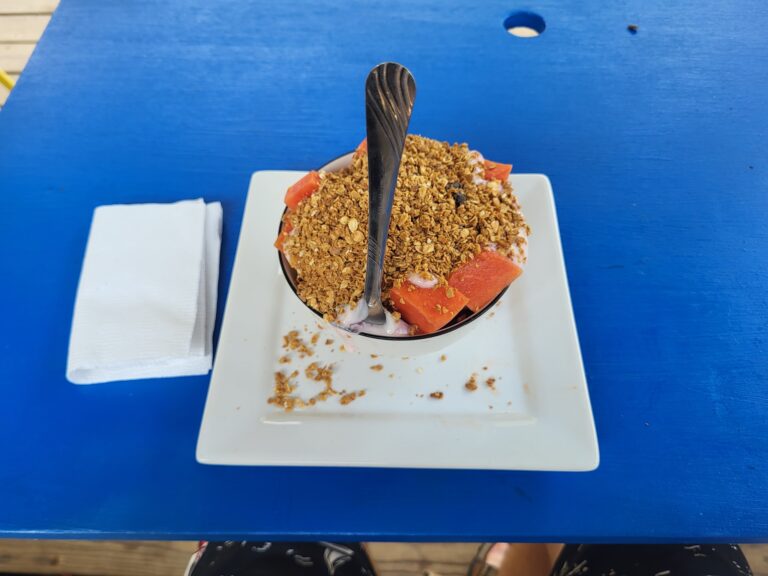 A bowl of yogurt topped with granola and papaya pieces is placed on a white plate on a blue surface, with a fork standing upright in the yogurt, in an outdoor setting in Roatan, Honduras.