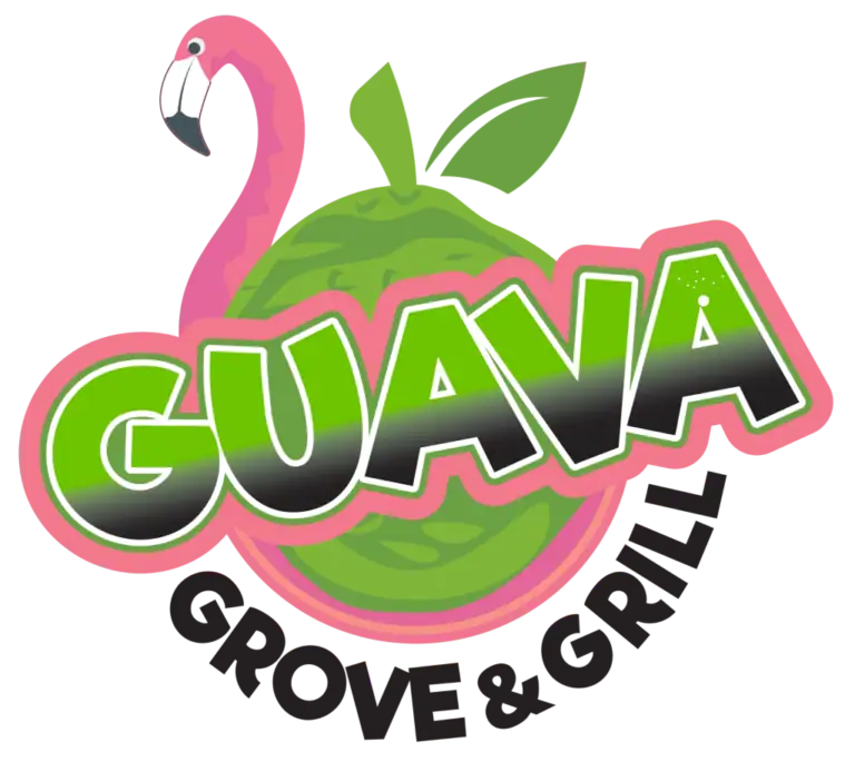A colorful logo featuring a pink flamingo and a green guava fruit with the words "Guava" and "Groves &" in bold green and black text, representing a business on Roatan, Honduras.