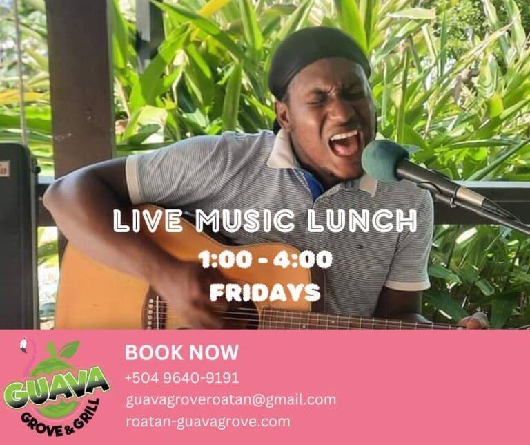 A man passionately sings and plays an acoustic guitar at an outdoor venue surrounded by lush green tropical plants in Roatan, Honduras, promoting live music and lunch specials on a business listing for Guava Grove & Grill.