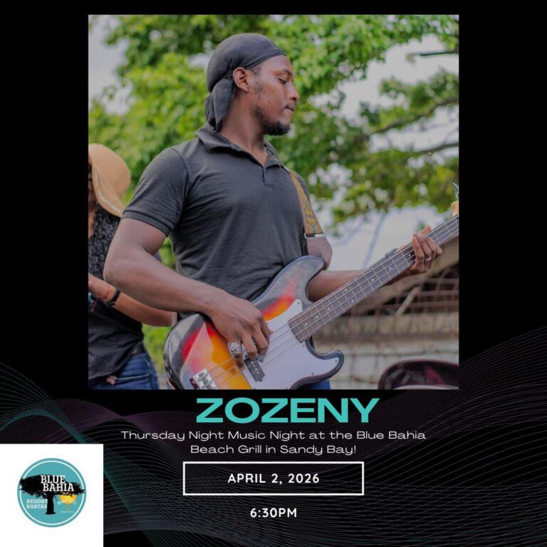 Musician playing guitar during Zozeny live music event in Roatan.