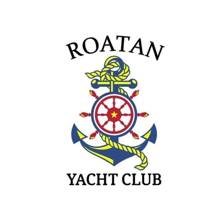 The image displays the logo of Roatan Yacht Club in Honduras, featuring an anchor wrapped with a rope, a ship's wheel with red and yellow details, and the words "Roatan Yacht Club" above and below the emblem.